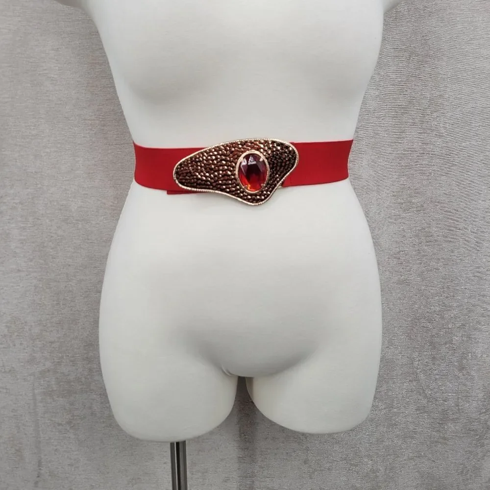 Vintage 80s Red Stretch Belt with Hammered Metal Gold Buckle Red Gem